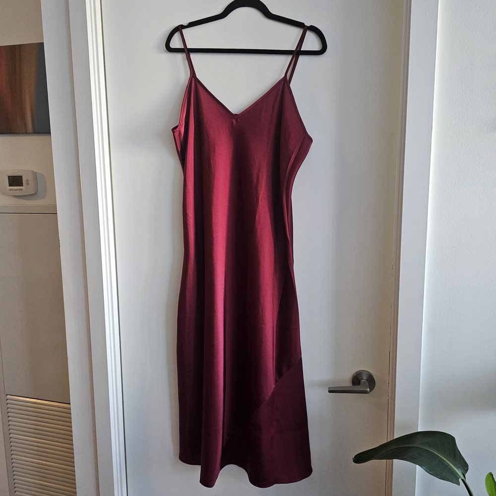 Satin Burgundy Midi Slip Dress with Spaghetti Straps